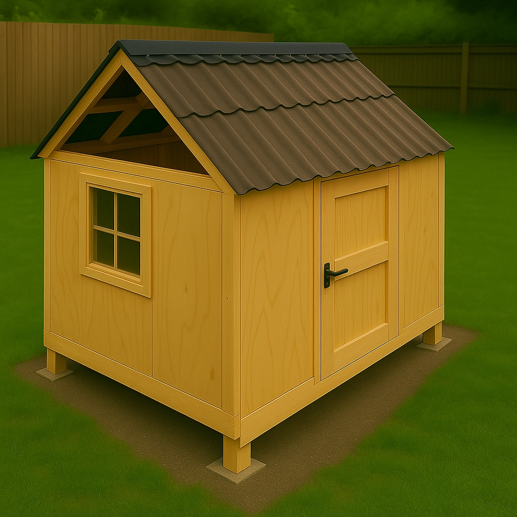 Small outdoor wooden shed with a slanted roof and a window.