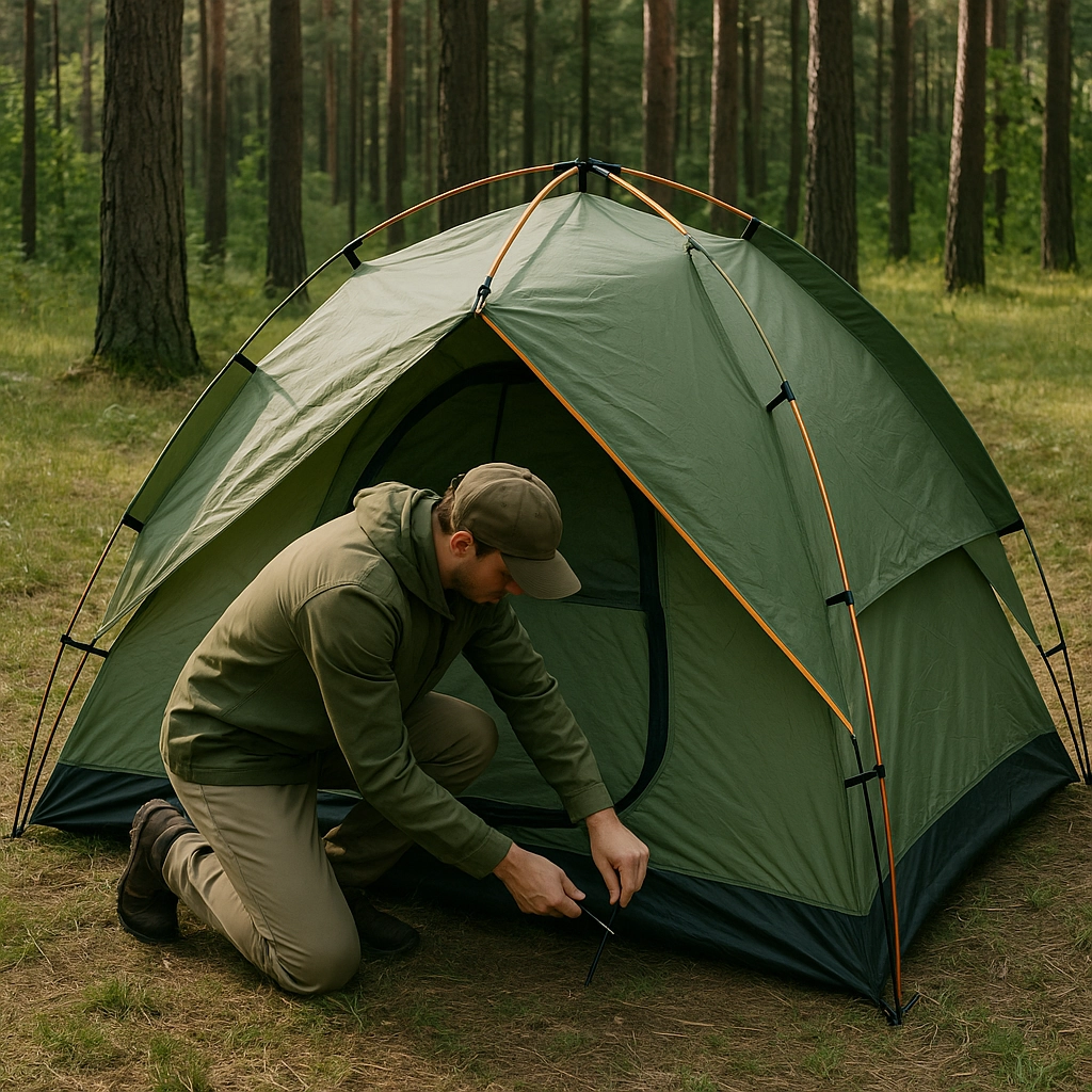 Camper tightening modern dome tent outdoors, ensuring secure and stable pitch.