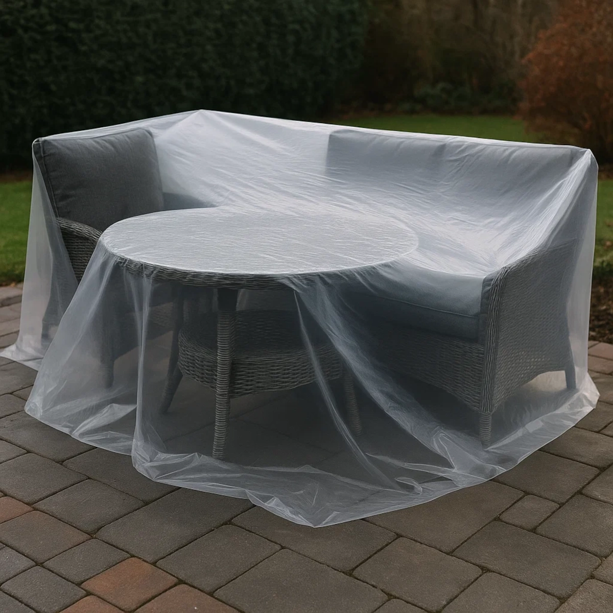 Clear shrink wrap loosely draped over patio set before final sealing and heat application.