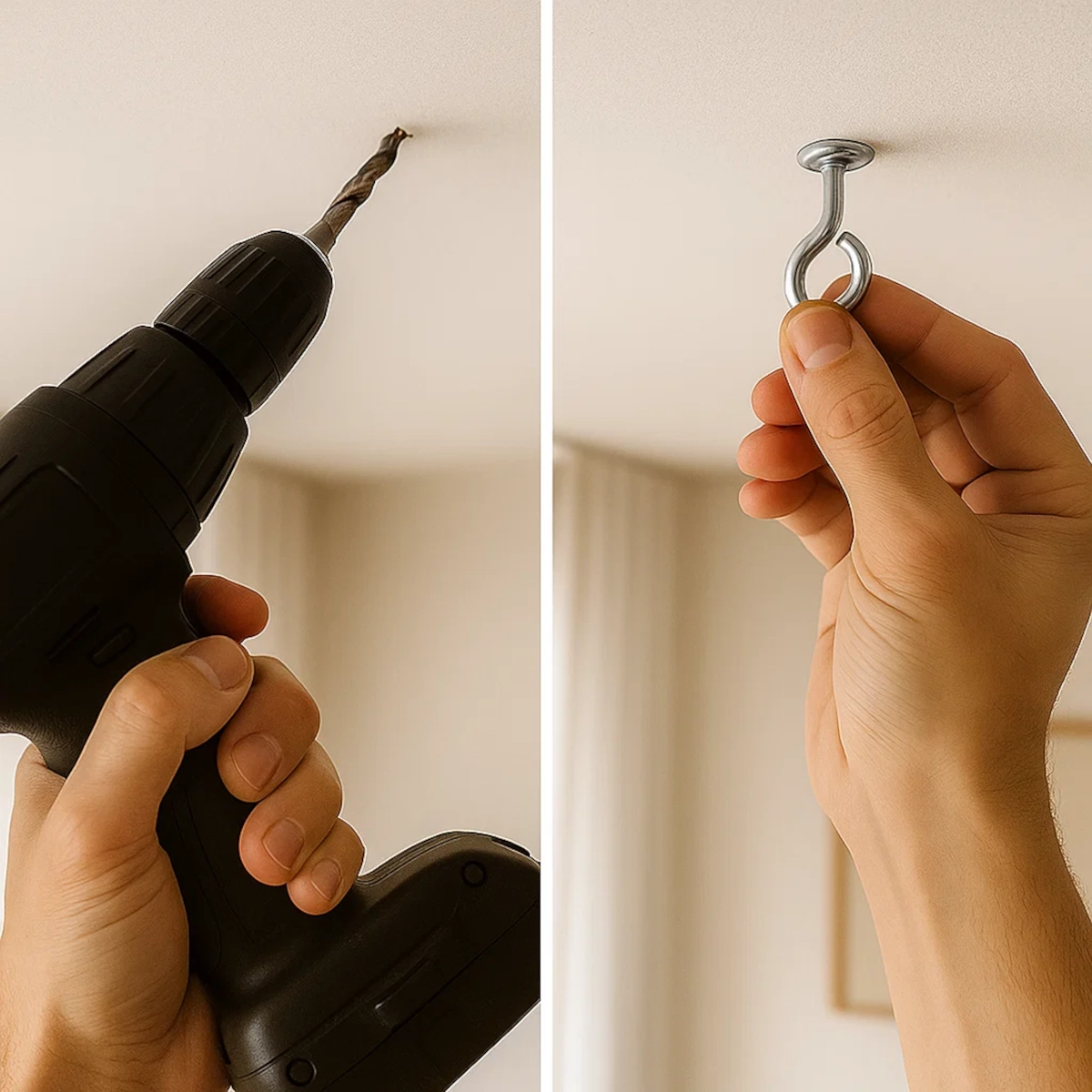 Drilling ceiling and installing a metal eye hook for hanging egg chair.