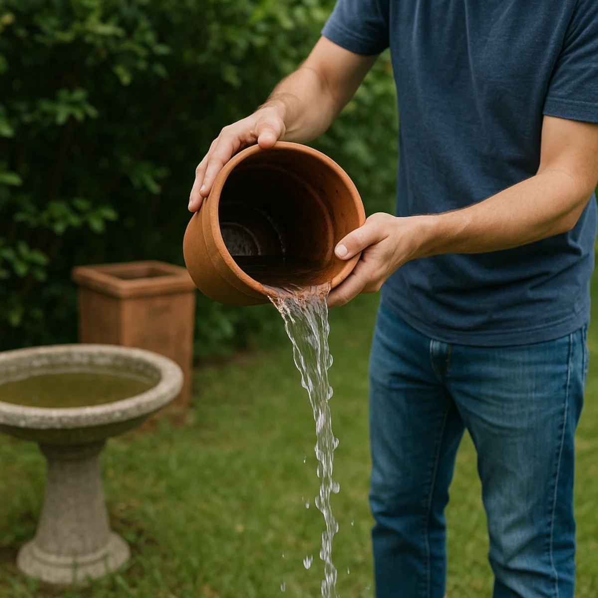 Person pouring water from pot to prevent mosquito breeding in backyard garden.