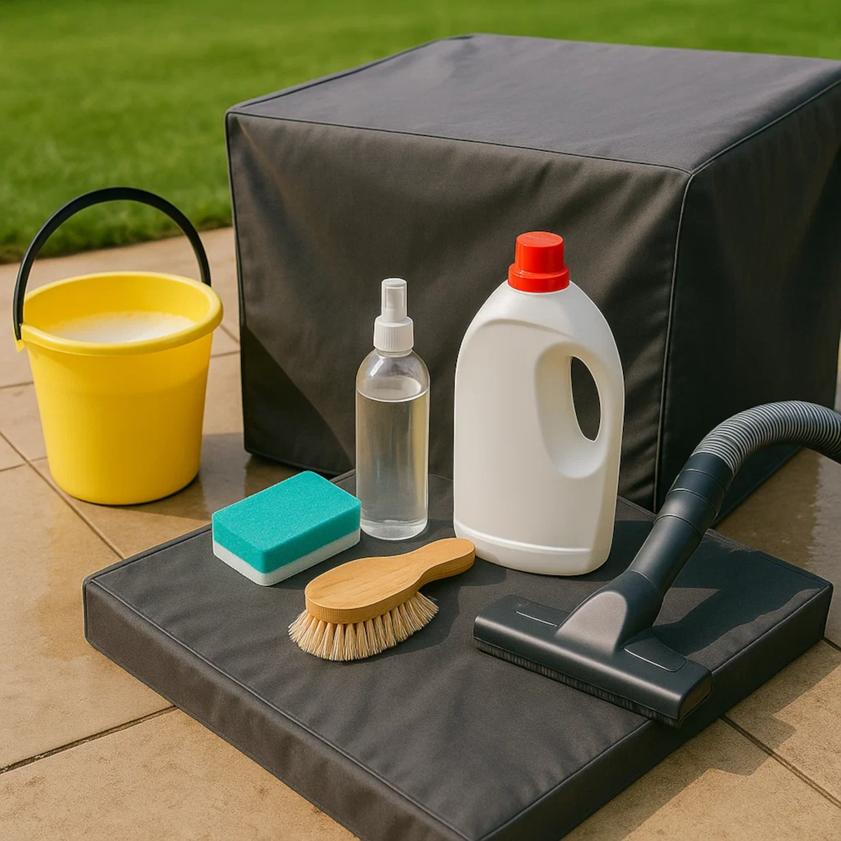 Gather the right tools: soft brush, mild detergent, sponge, and a hose.