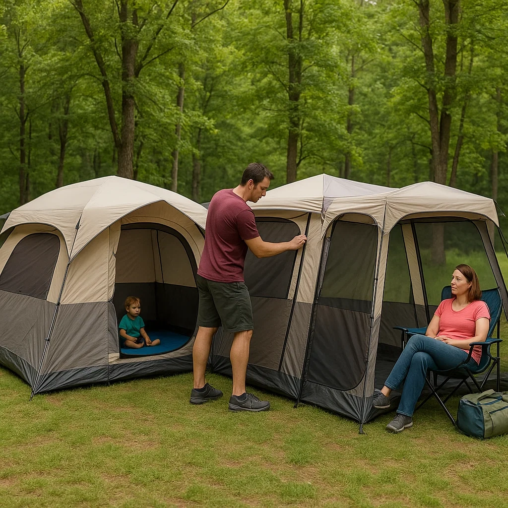 Pop-up expandable tent fully opened with awning extended at campsite.