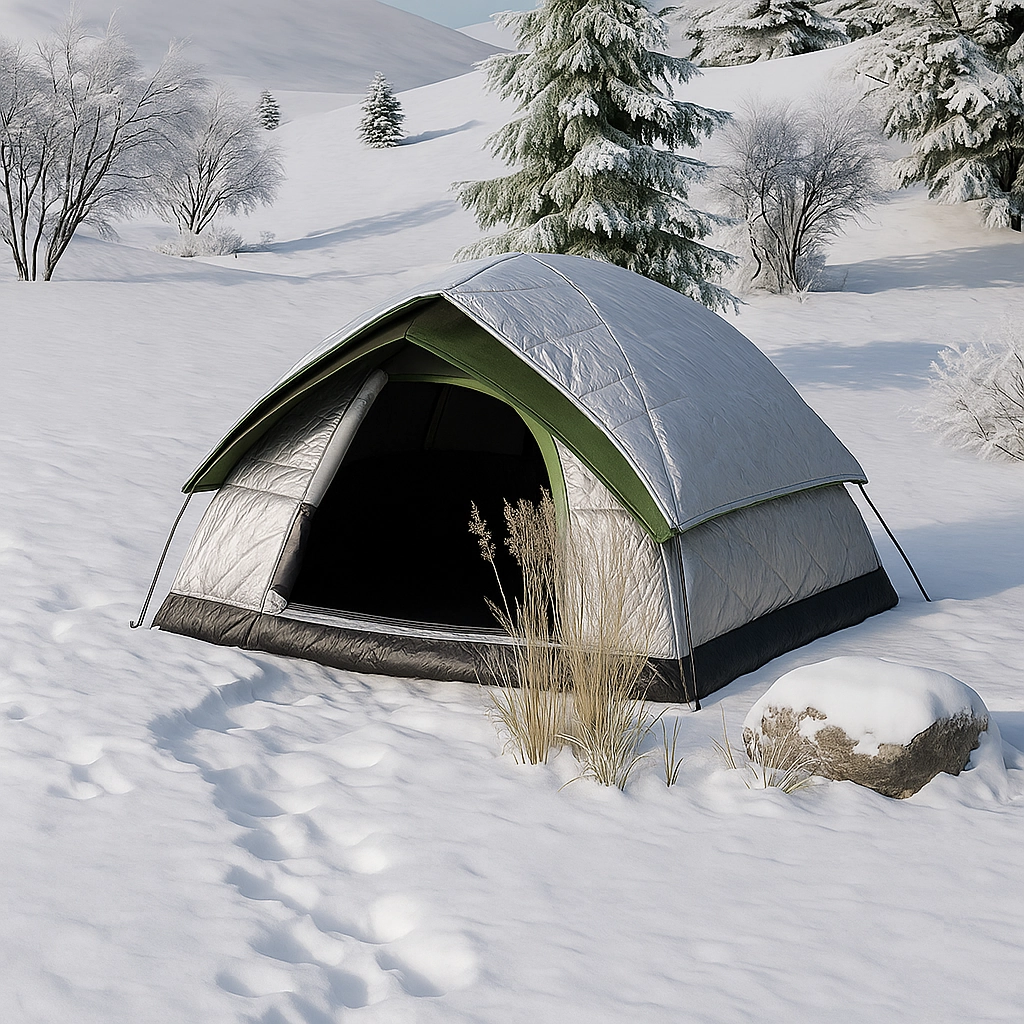 Thermal blanket and tarp covering a tent for exterior insulation in cold weather camping.