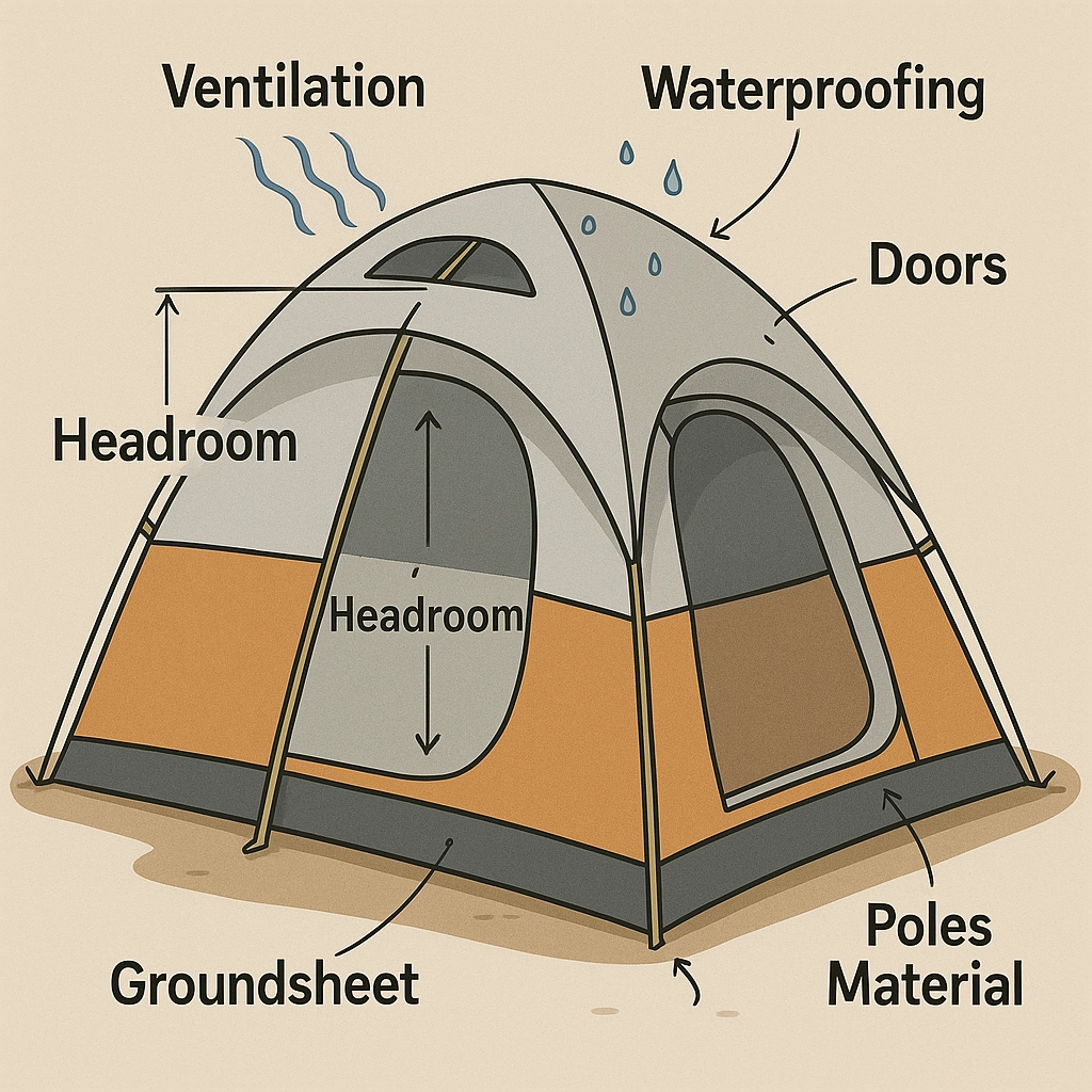 Diagram labeling key camping tent features like headroom, waterproofing, and ventilation