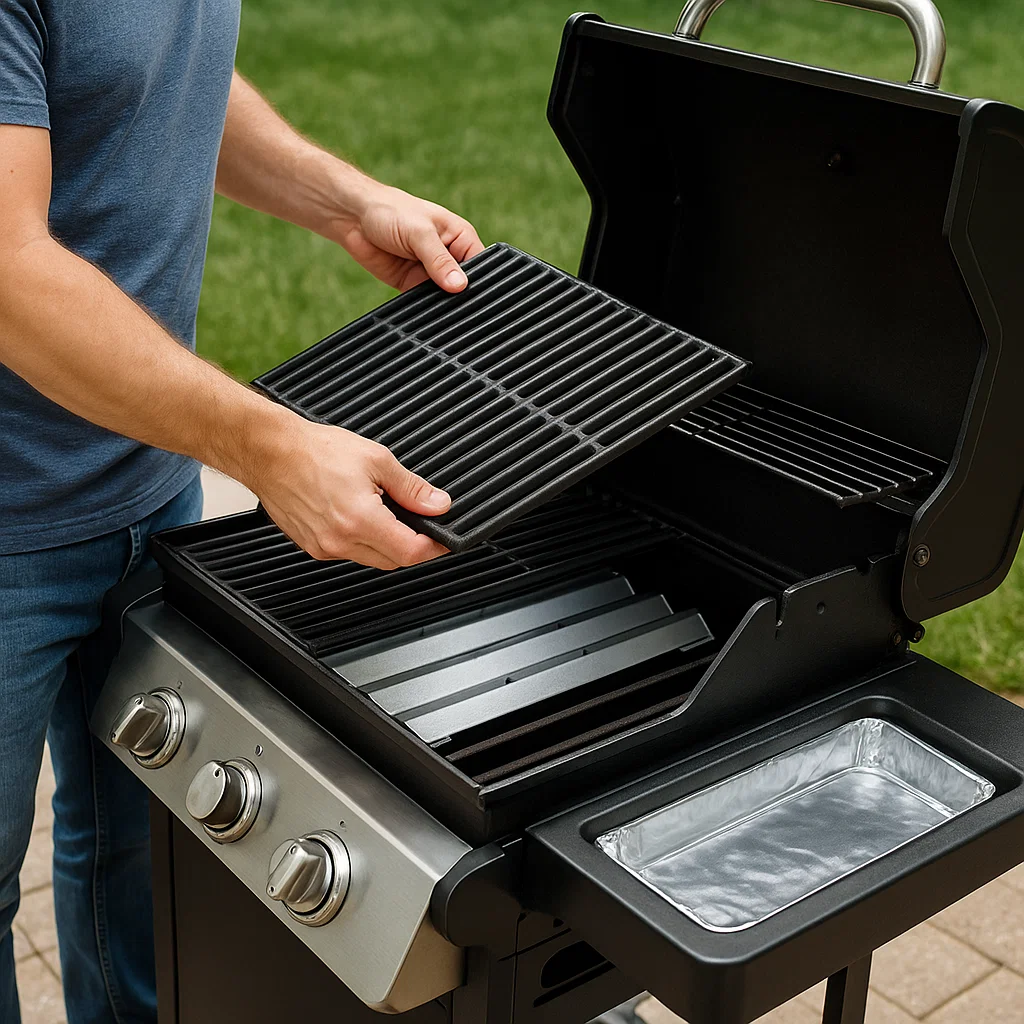 Hand attaching propane tank to outdoor gas grill, prepping for next backyard barbecue session.