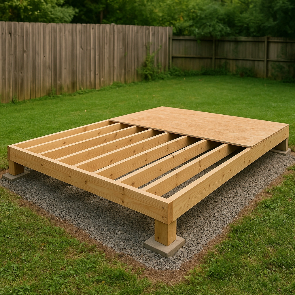 Foundation frame with wooden beams for construction in a yard area.