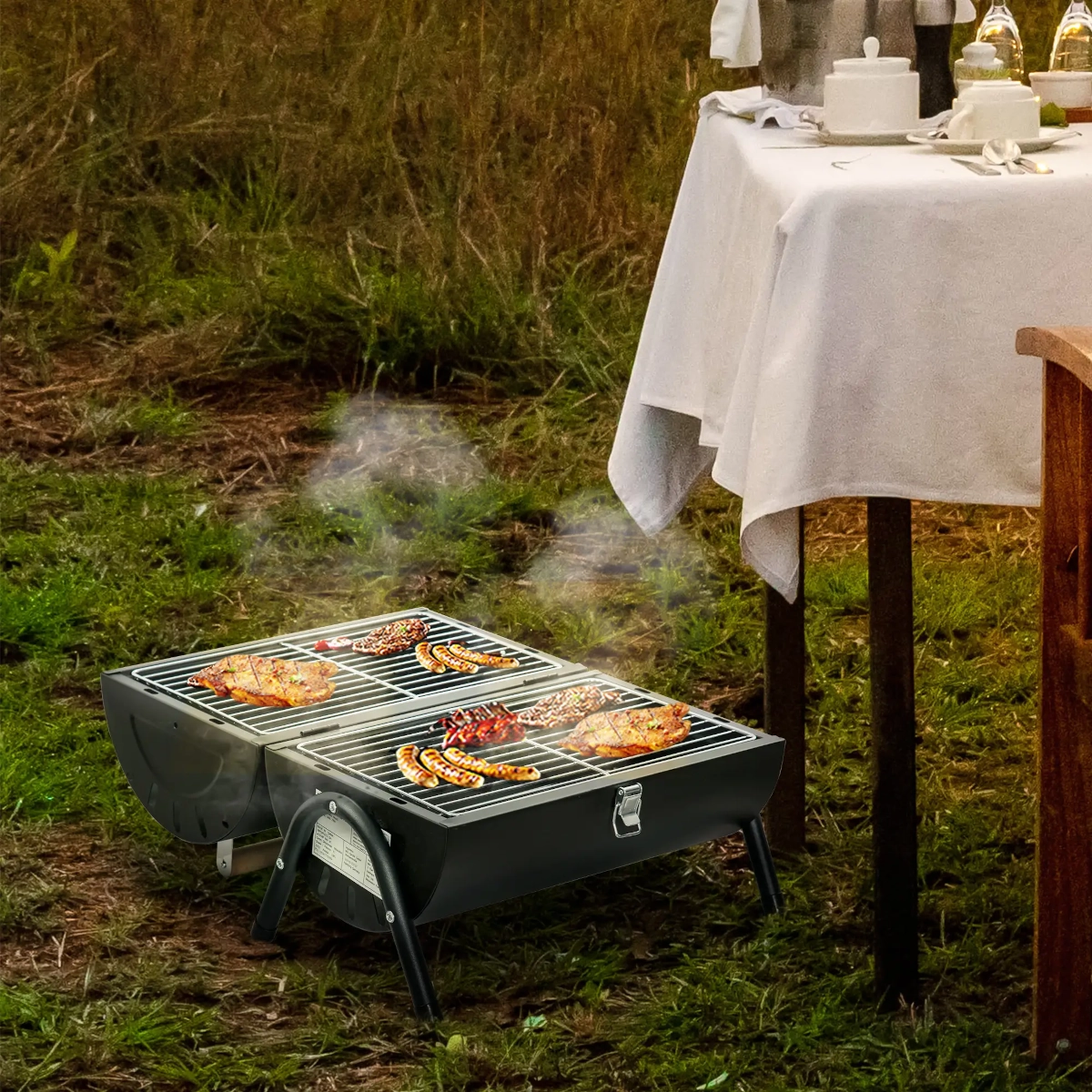 Folding portable grill perfect for compact storage and travel-friendly cooking.