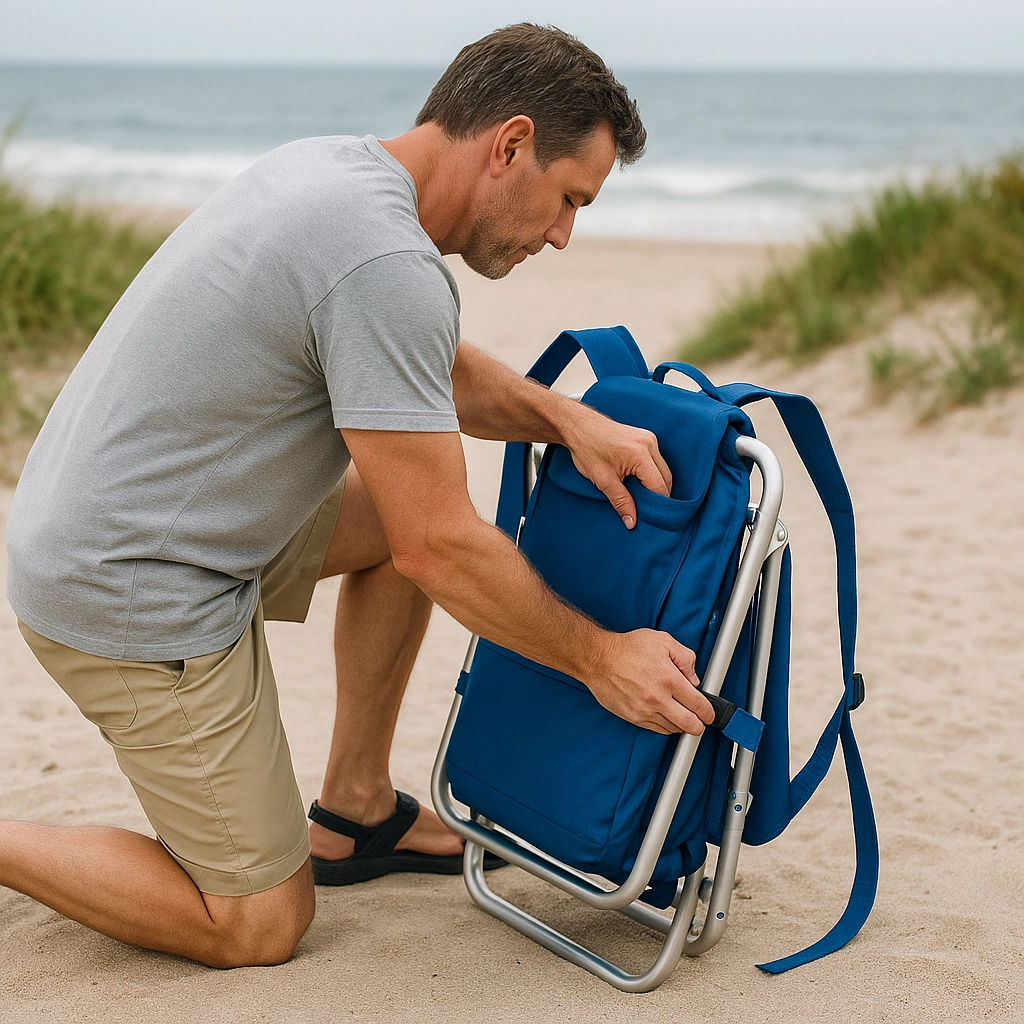 Man adjusting folded blue backpack beach chair on sand near ocean.