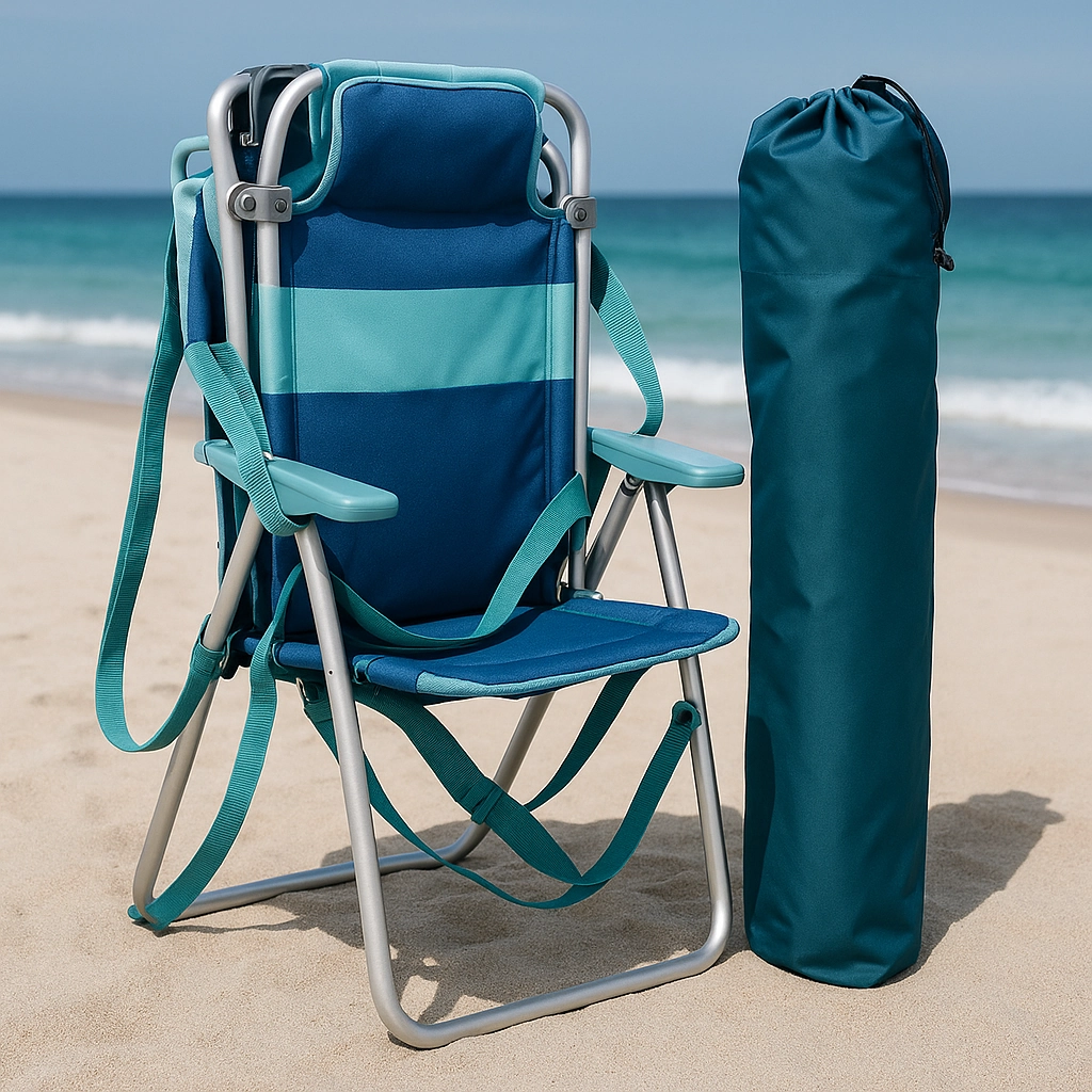 Compact blue beach chair with carry bag on sand by the ocean.