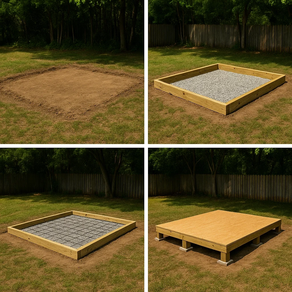 Foundation options for building with gravel, wooden frame, and leveling instructions.