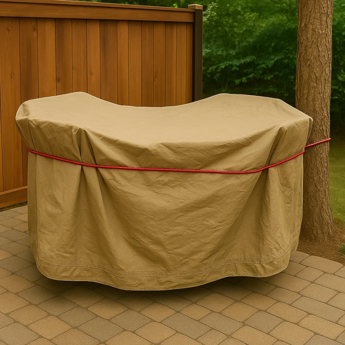 Patio furniture wrapped in beige waterproof cover, tied securely to tree.