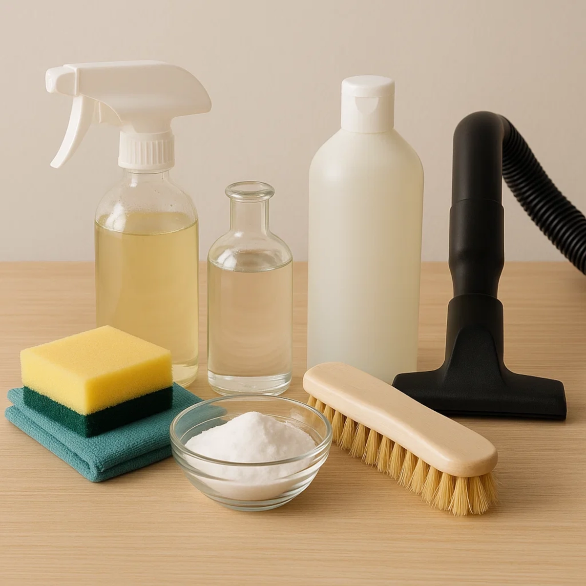 Essential cleaning supplies including spray bottles, sponges, and brushes on a wooden surface.