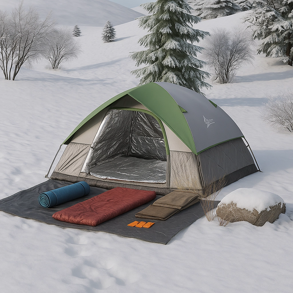 Winter camping gear including thermal blankets, foam mats, and tent insulation supplies.