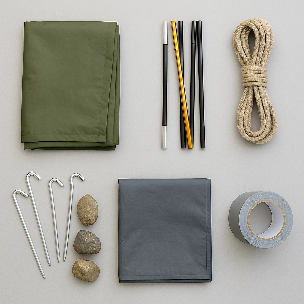 Flat lay of tent tools including tarp, poles, rope, stakes, stones, and duct tape.
