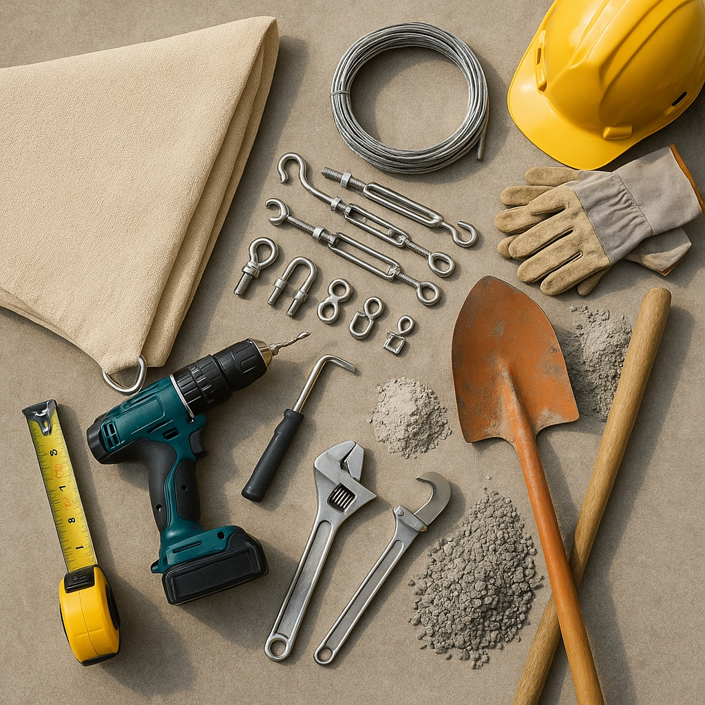 Essential tools and materials required to install a durable outdoor shade sail.