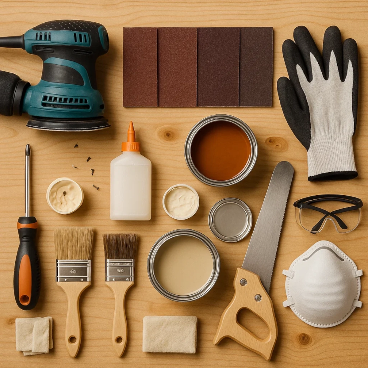 Essential woodworking tools and supplies for restoring and refinishing a wooden bench.