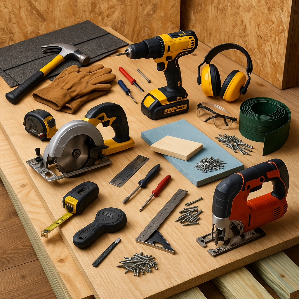 Table filled with tools, including drills, saws, and measuring devices for shed construction.