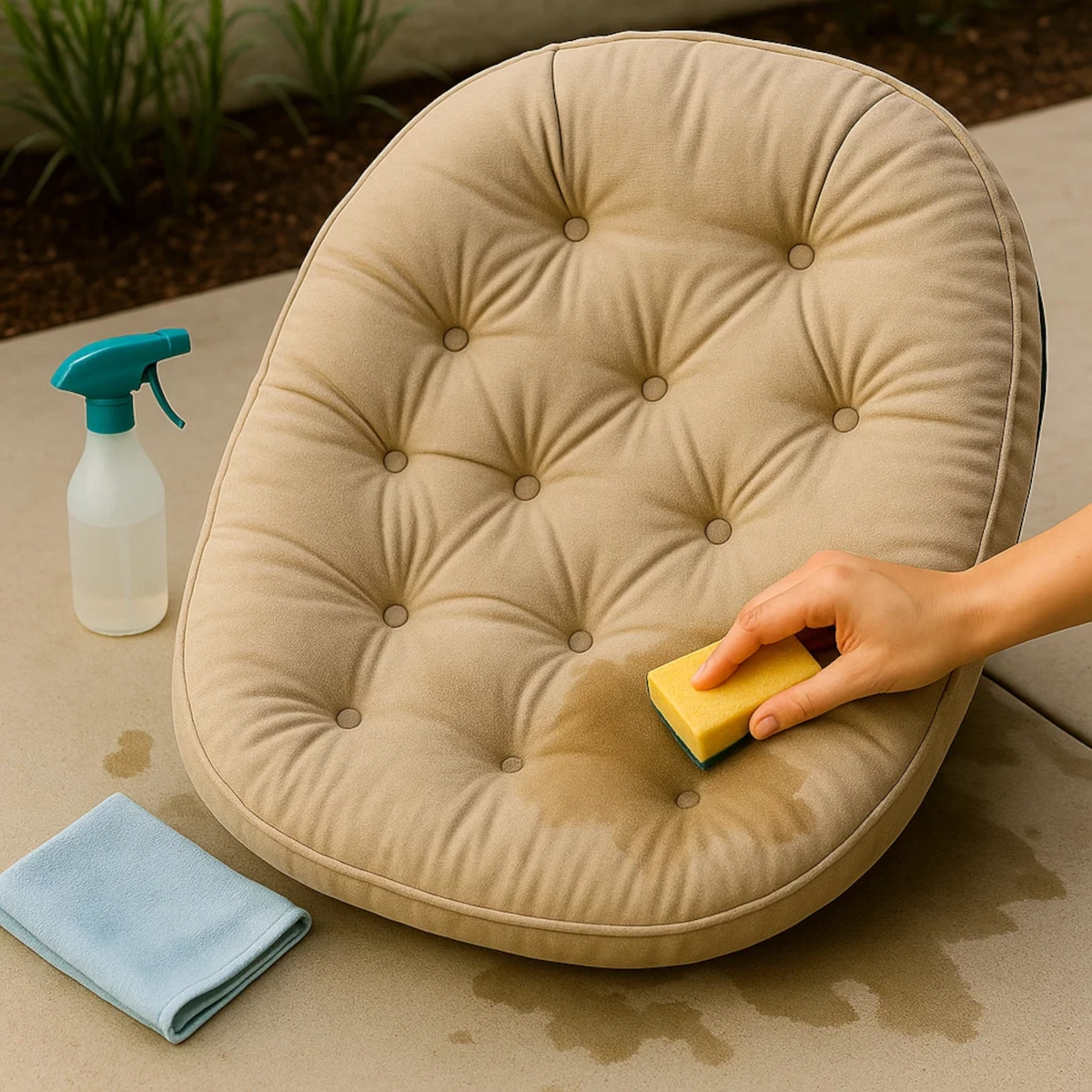 Hand scrubbing a beige cushion with a sponge and spray bottle for deep outdoor furniture cleaning.