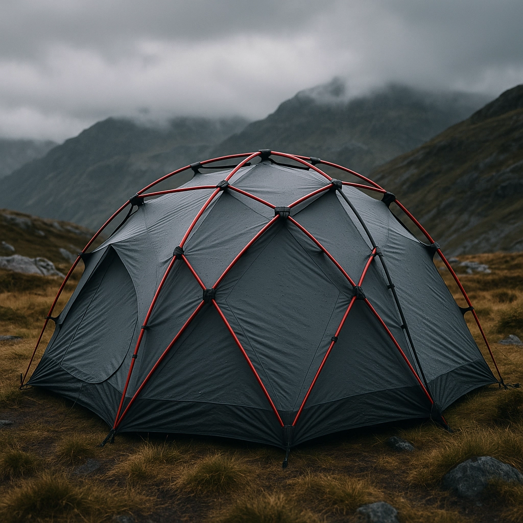 Geodesic dome tent with multiple support poles set in rocky mountainous terrain.