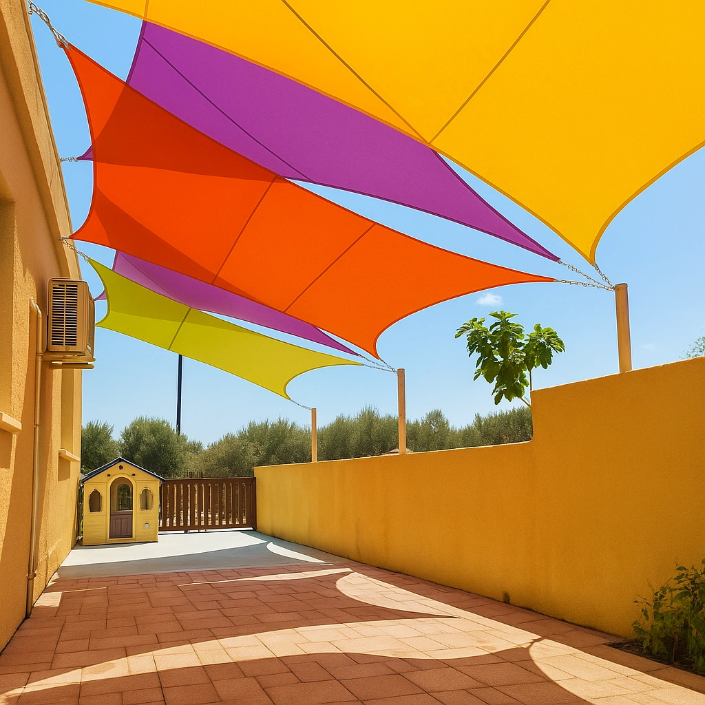 Bright colorful shade sails creating vibrant patio shade on sunny day.
