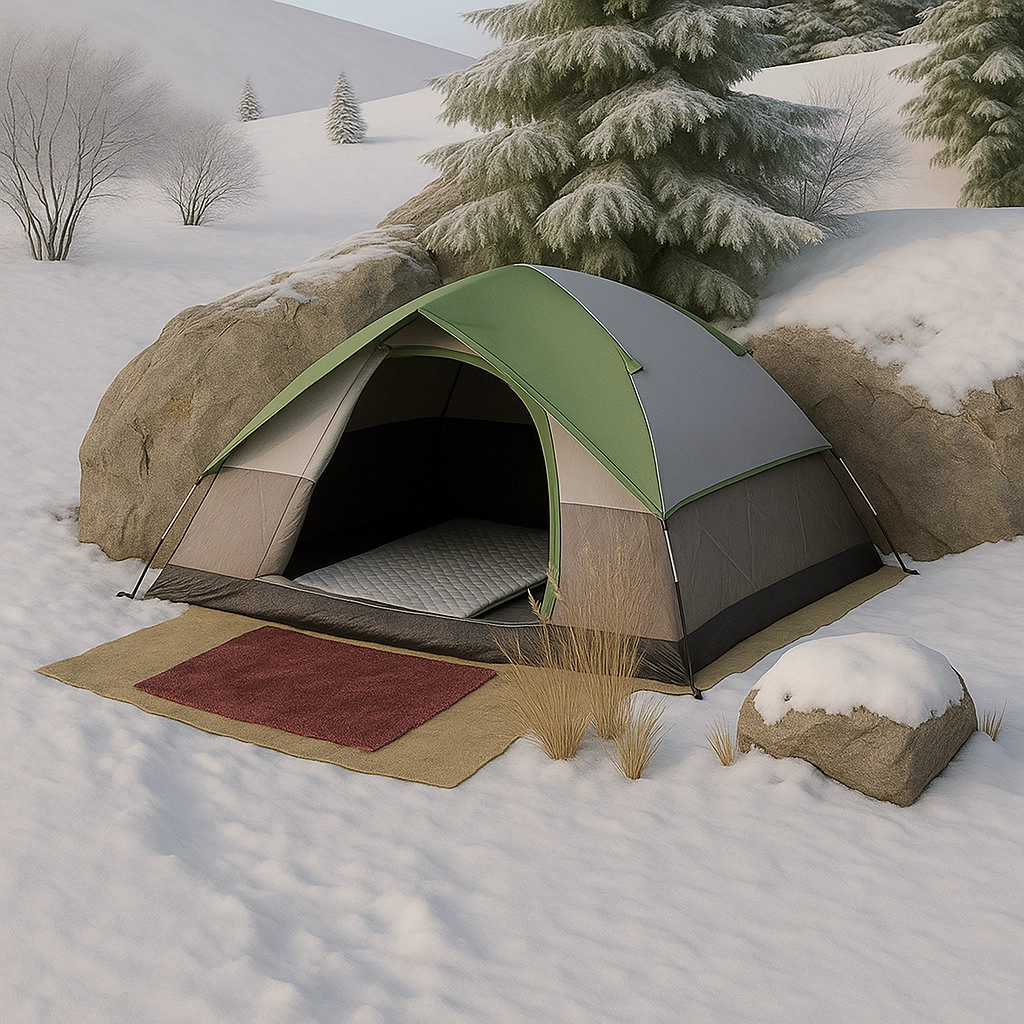 Insulated tent flooring with foam mats and blankets to block ground cold in winter camping.