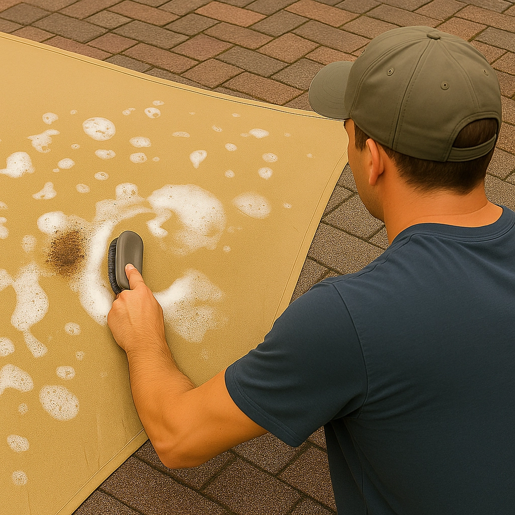 Gently hand-washing shade sail with mild soap for regular fabric maintenance.