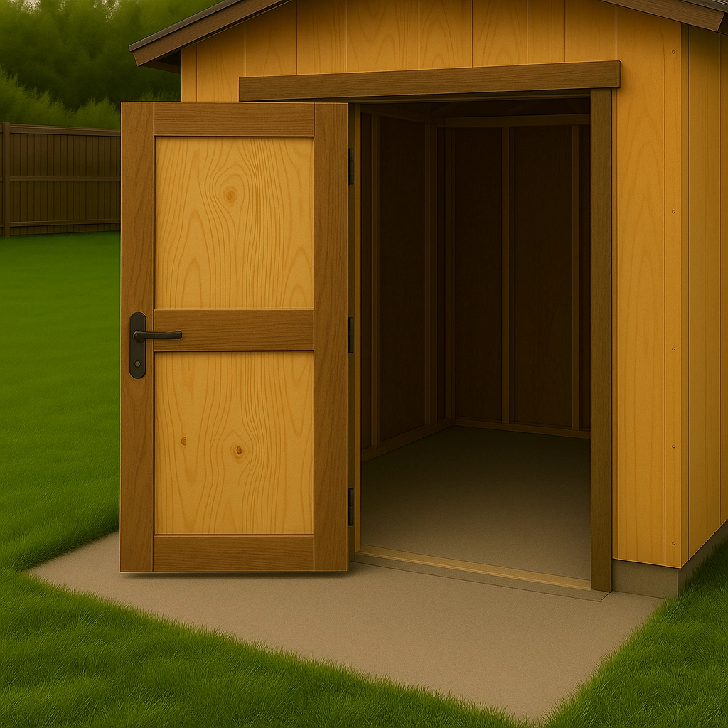 DIYer aligning shed door with level for proper hanging.