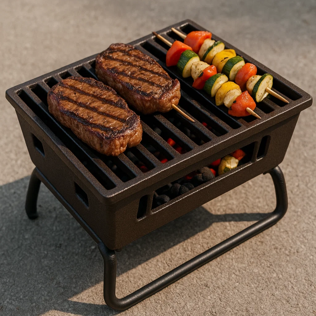 Traditional hibachi-style charcoal grill ideal for searing meats during camping trips.