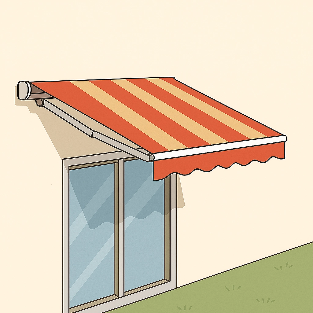Retractable awning extended over window providing outdoor shade with striped red and yellow fabric.