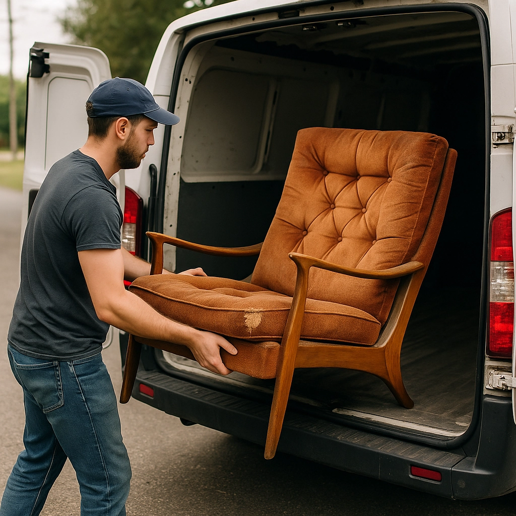 Man unloading old armchair from van to be reupholstered at a new location.