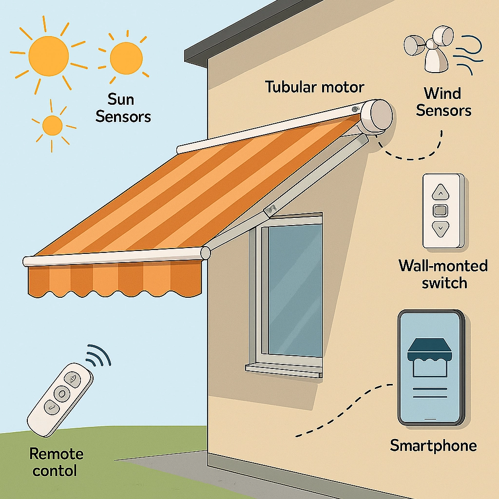 Motorized retractable awning controlled by sensors, remote, wall switch, and smartphone.