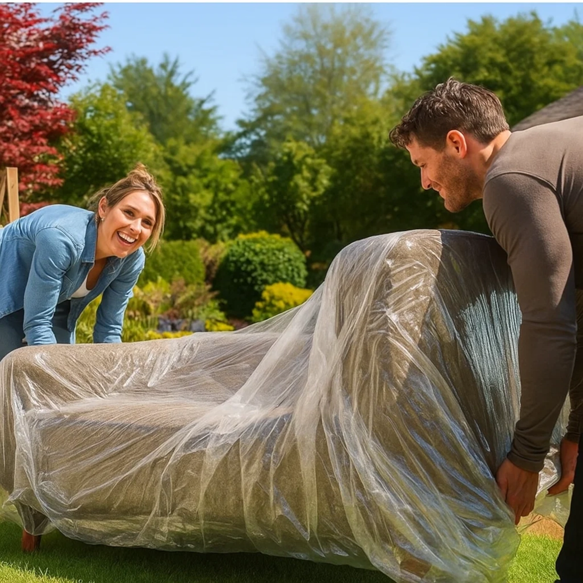 Smiling couple lifting patio chair covered in shrink wrap for outdoor furniture protection.