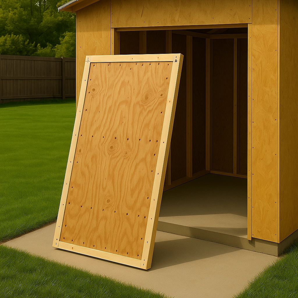 Securing plywood sheet to shed door frame using drill and screws.