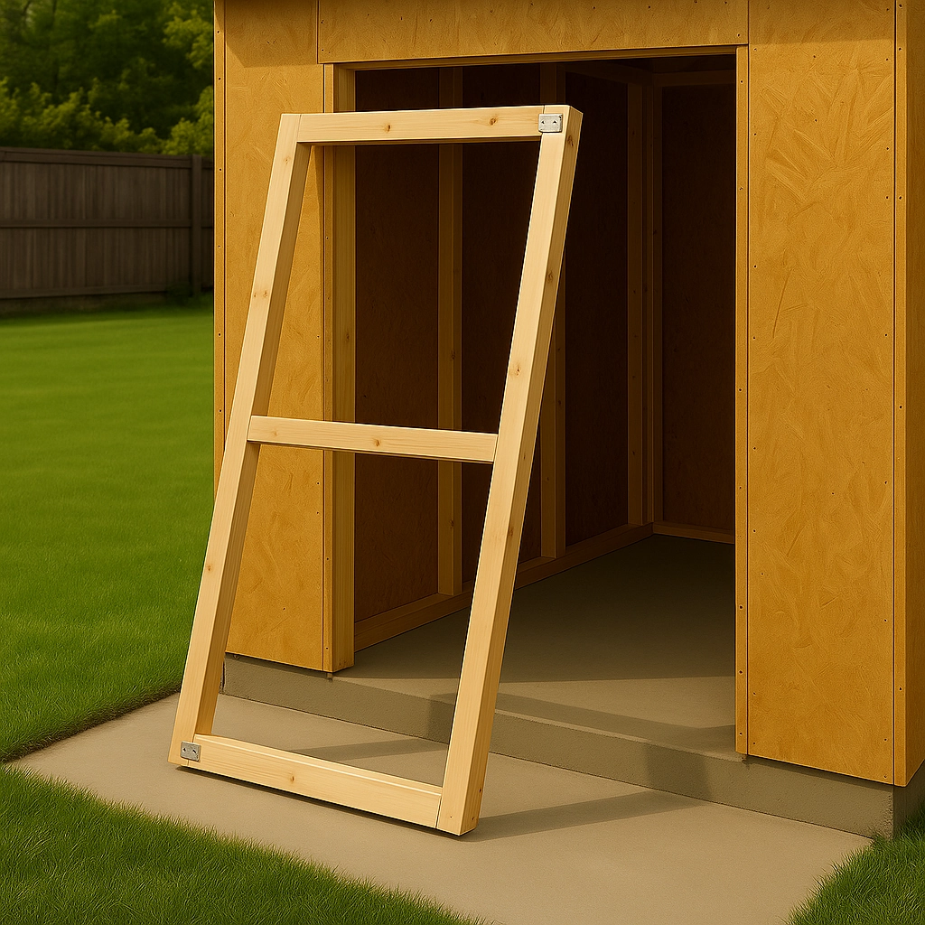 Carpenter assembling a sturdy wooden frame for a shed door.