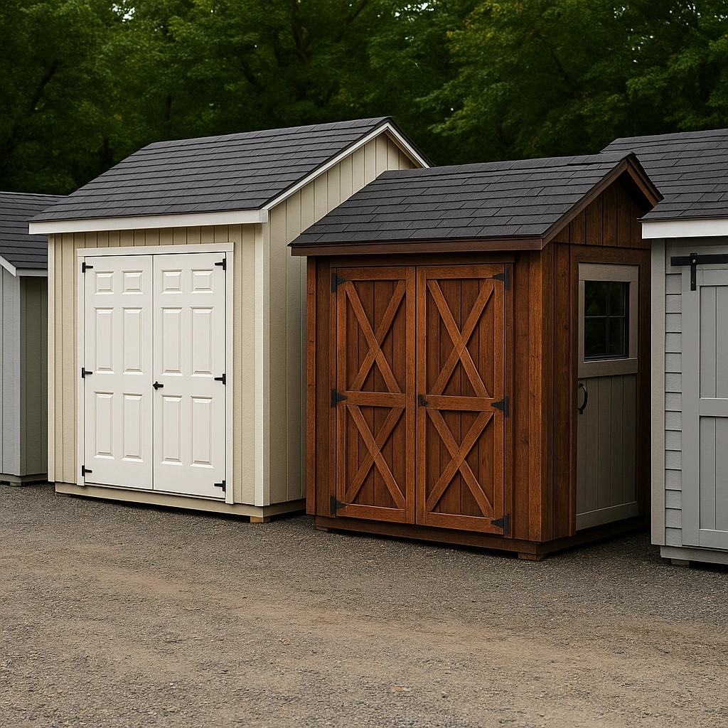 Different types of shed doors displayed for comparison and selection.