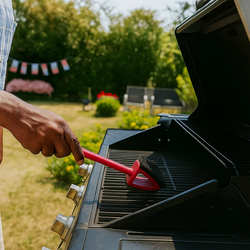 Person using red scrub brush to clean BBQ grill grates on a sunny backyard day.