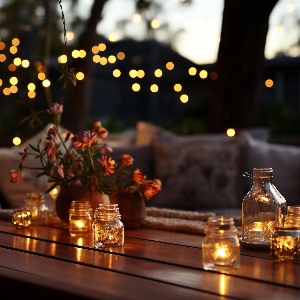 Outdoor table decorated with fairy lights, candles, and flowers at dusk.