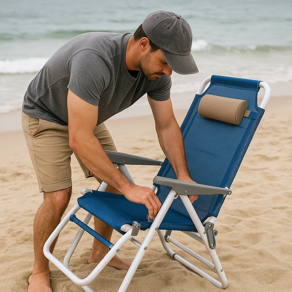 Man folding reclining beach chair on sandy beach with ocean in background.