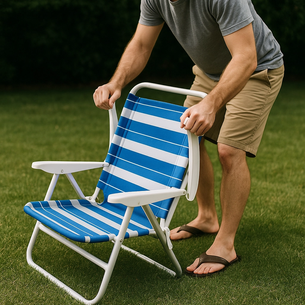 Man folding a striped blue and white beach chair on green grass lawn.