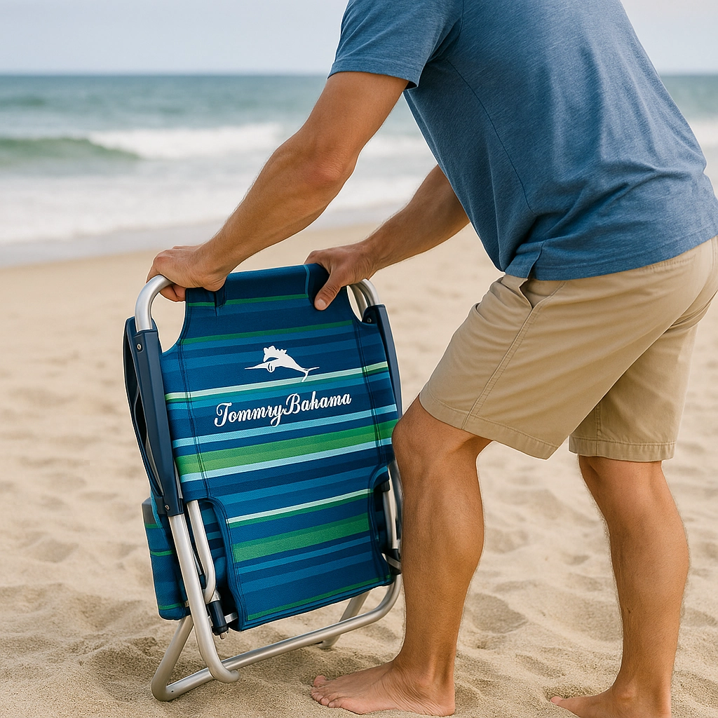 Man folding Tommy Bahama beach chair on sandy beach with ocean in background.