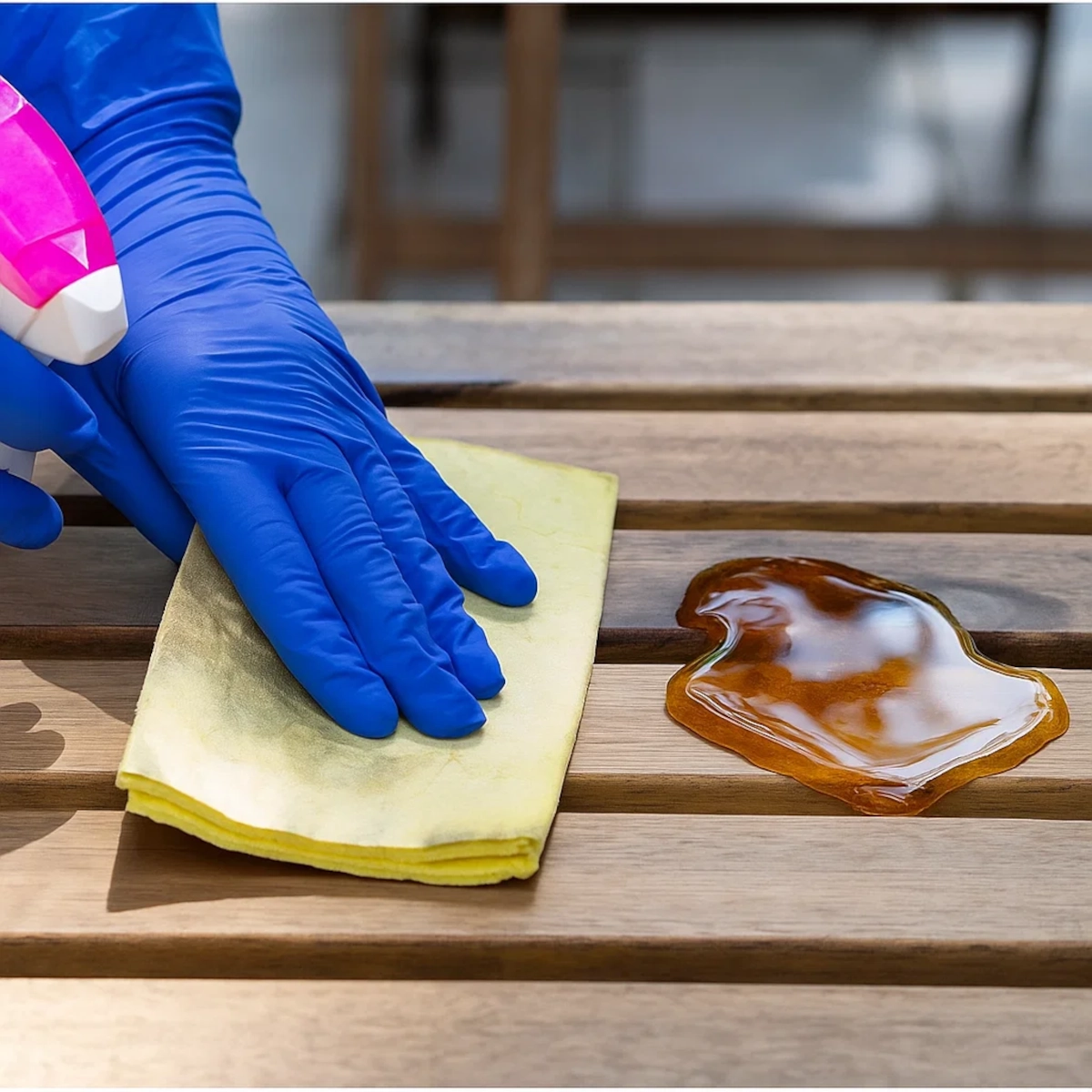 Gloved hand wiping sticky sap off wooden patio furniture using cleaner and cloth.