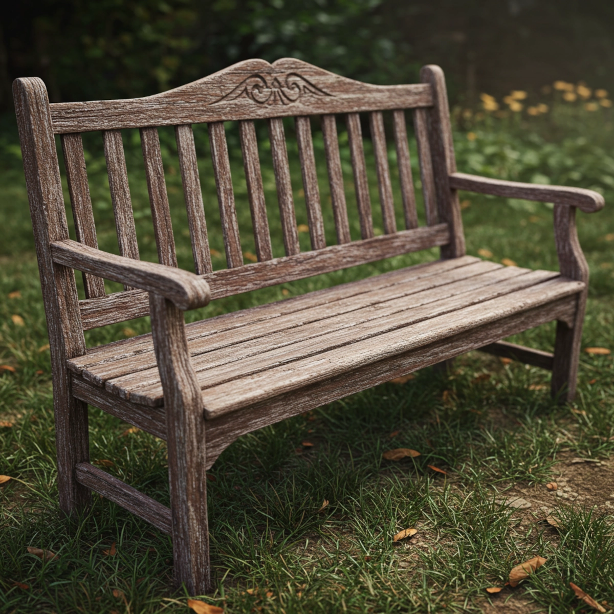 Old weathered wooden bench on grass awaiting restoration and refinishing.