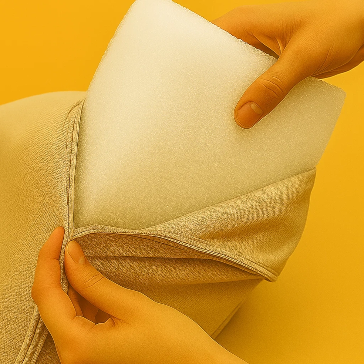 Inserting foam into cushion cover for DIY chair cushion project.