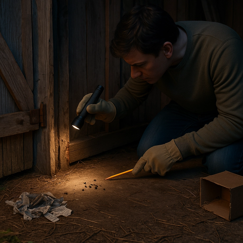 A person inspecting the shed floor for mouse droppings.