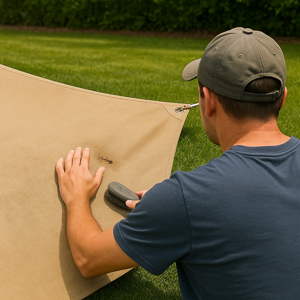 Inspecting shade sail for damage before cleaning to ensure safe and effective maintenance.