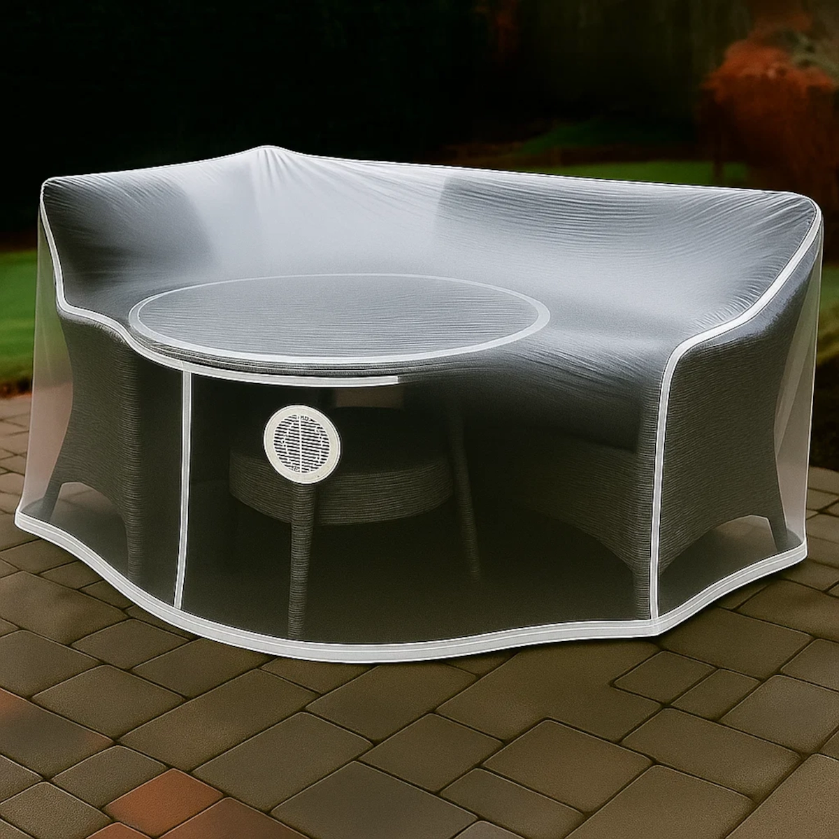 Air vent installed on shrink wrap covering patio set to allow ventilation and prevent moisture.