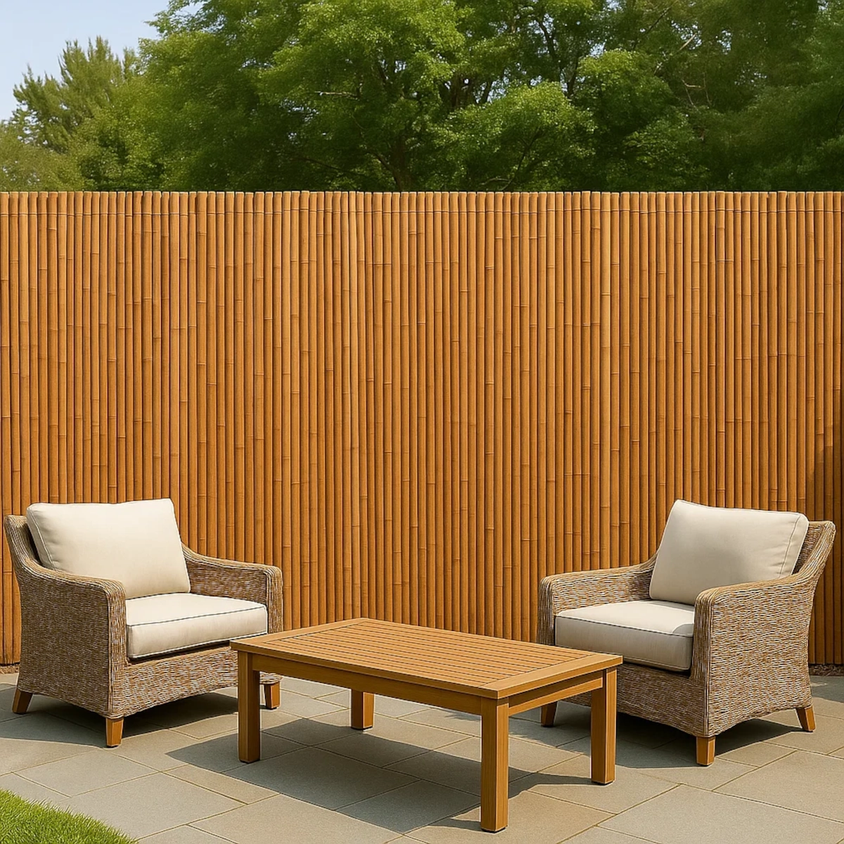 Wicker chairs and wooden table set near bamboo privacy fence during wind.