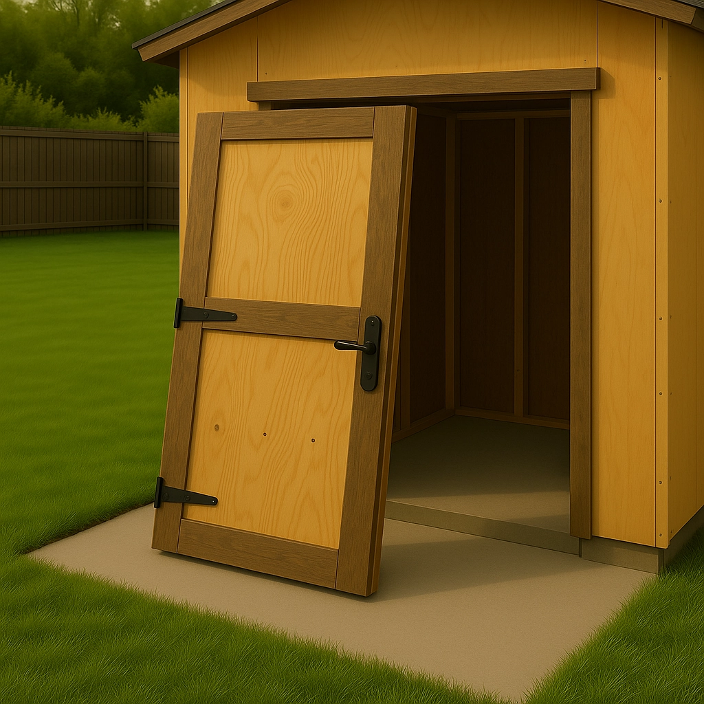 Attaching metal hinges and a door handle to a wooden shed door.