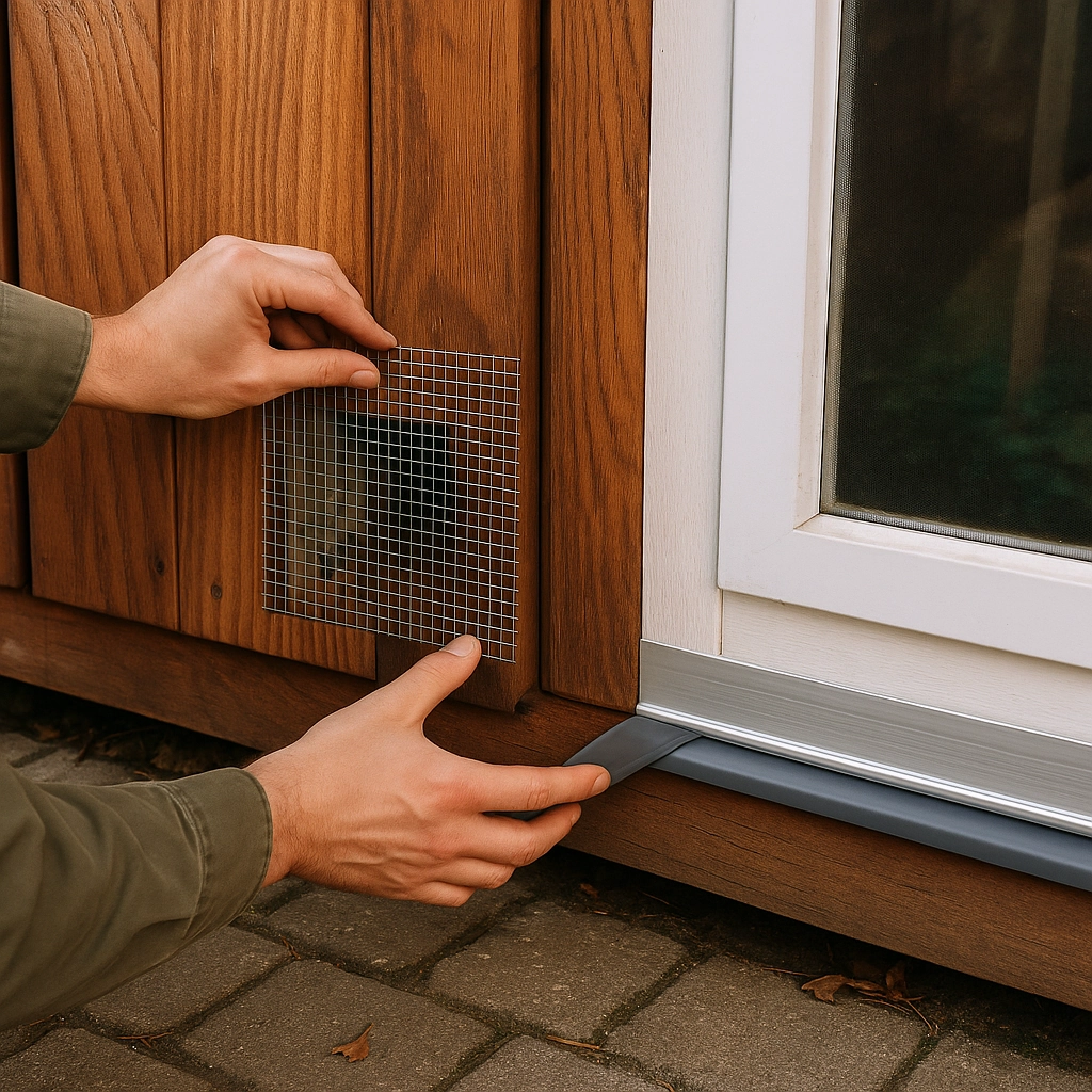 Installing mesh wire to seal gaps in a shed’s walls.